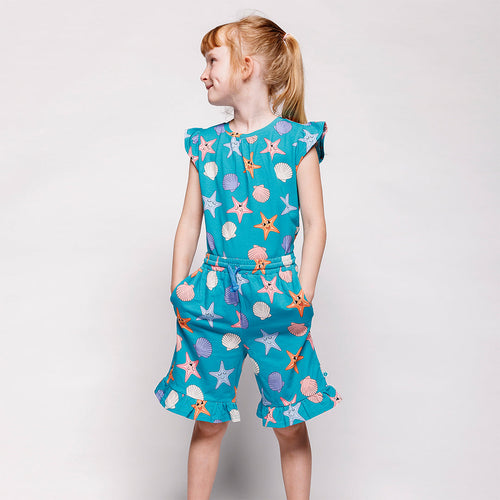 Cap sleeved ruffle t-shirt- starfish, teal blue
