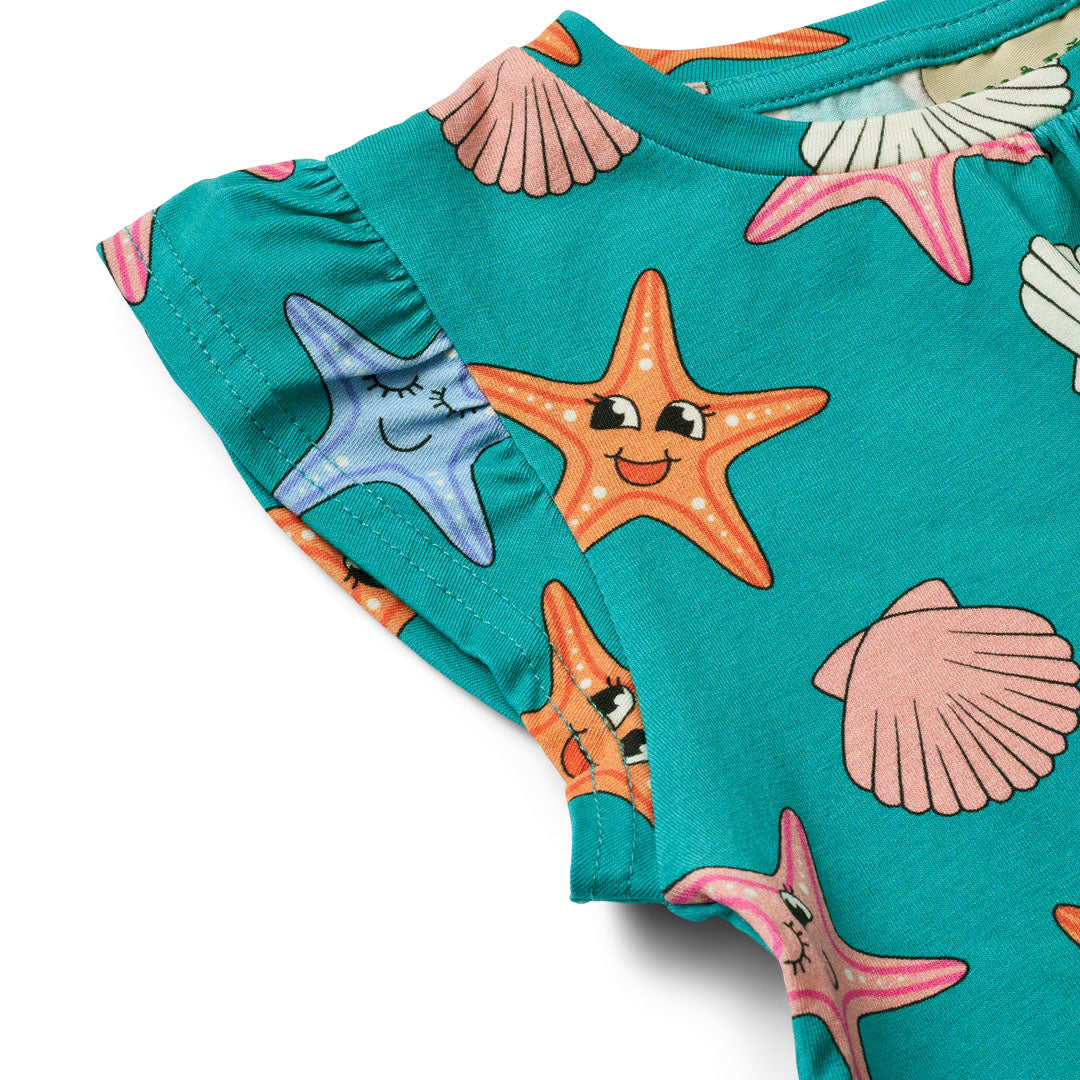 Cap sleeved ruffle t-shirt- starfish, teal blue