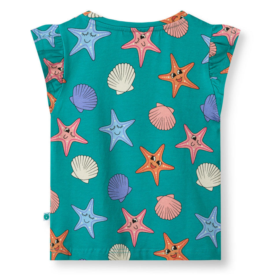 Cap sleeved ruffle t-shirt- starfish, teal blue