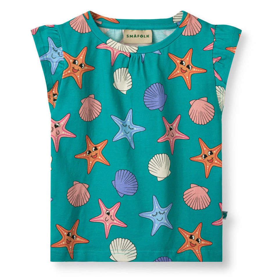 Cap sleeved ruffle t-shirt- starfish, teal blue
